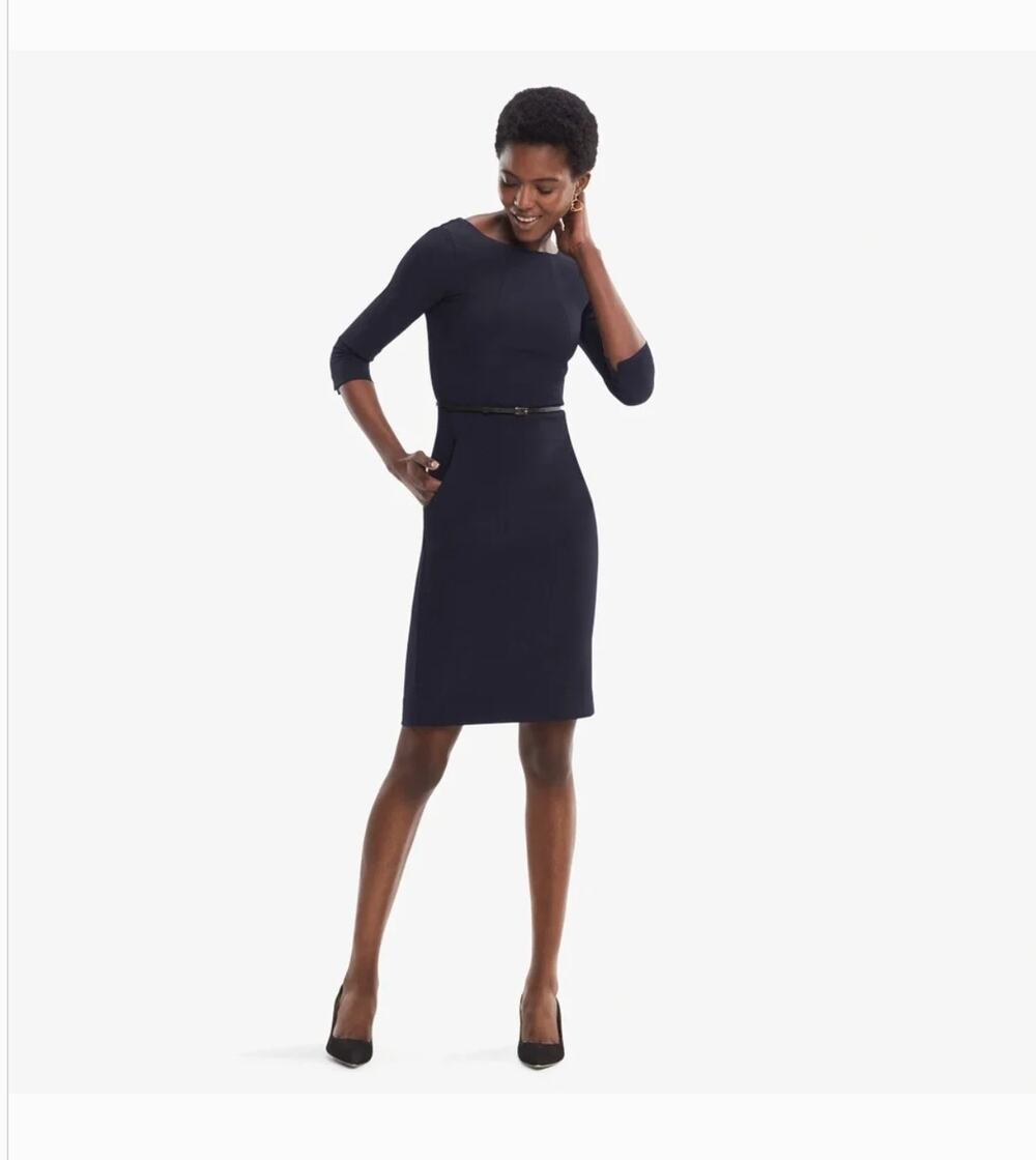MM Lafleur Etsuko Dress 10 NWT Blue Sheath Academia Career Stretch Quiet Luxury